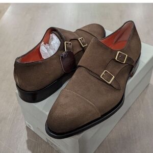 Santoni Brown Suede Double Monk Strap Loafers